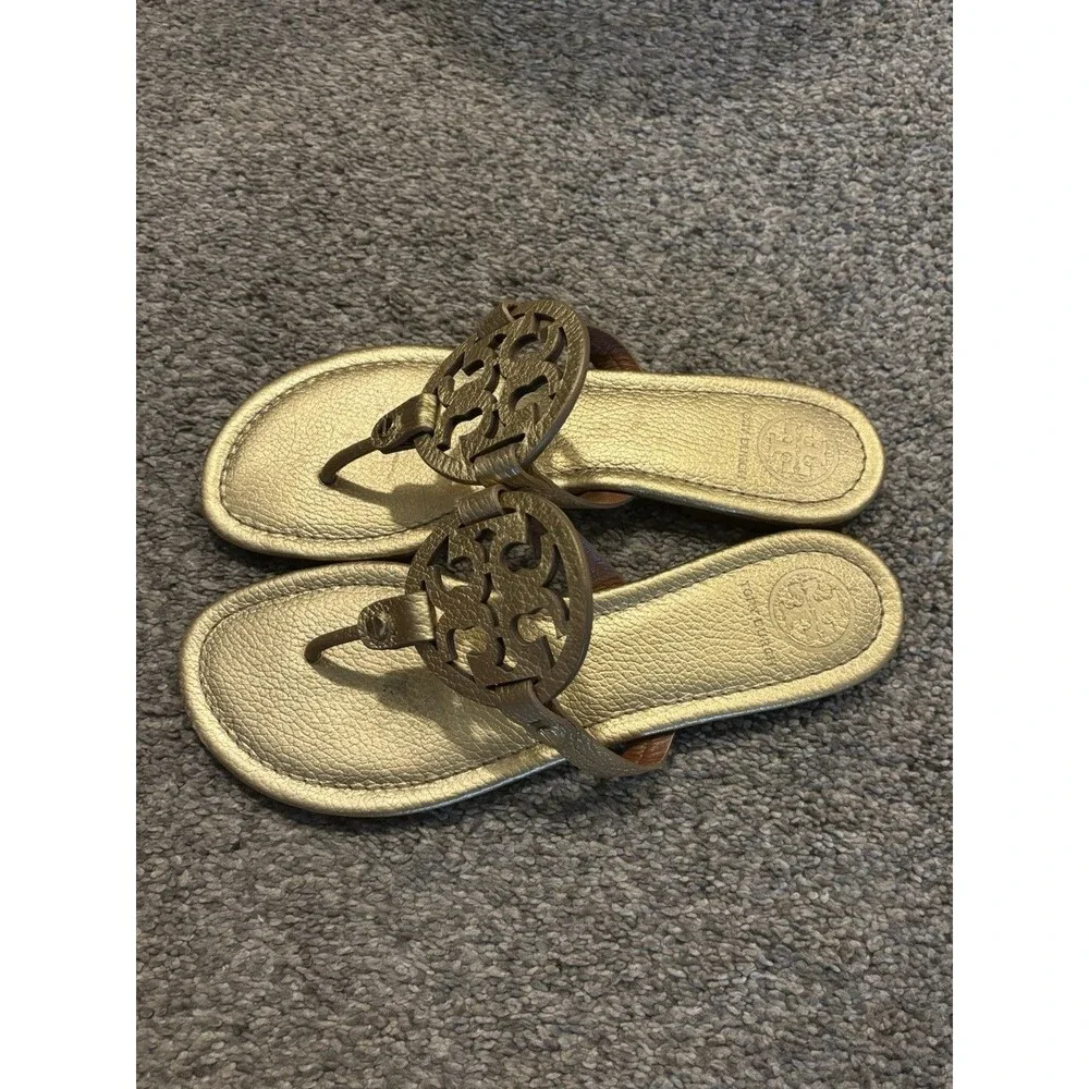 Tory Burch Miller Metallic Gold Pebbled Leather Sandals Size 9.5